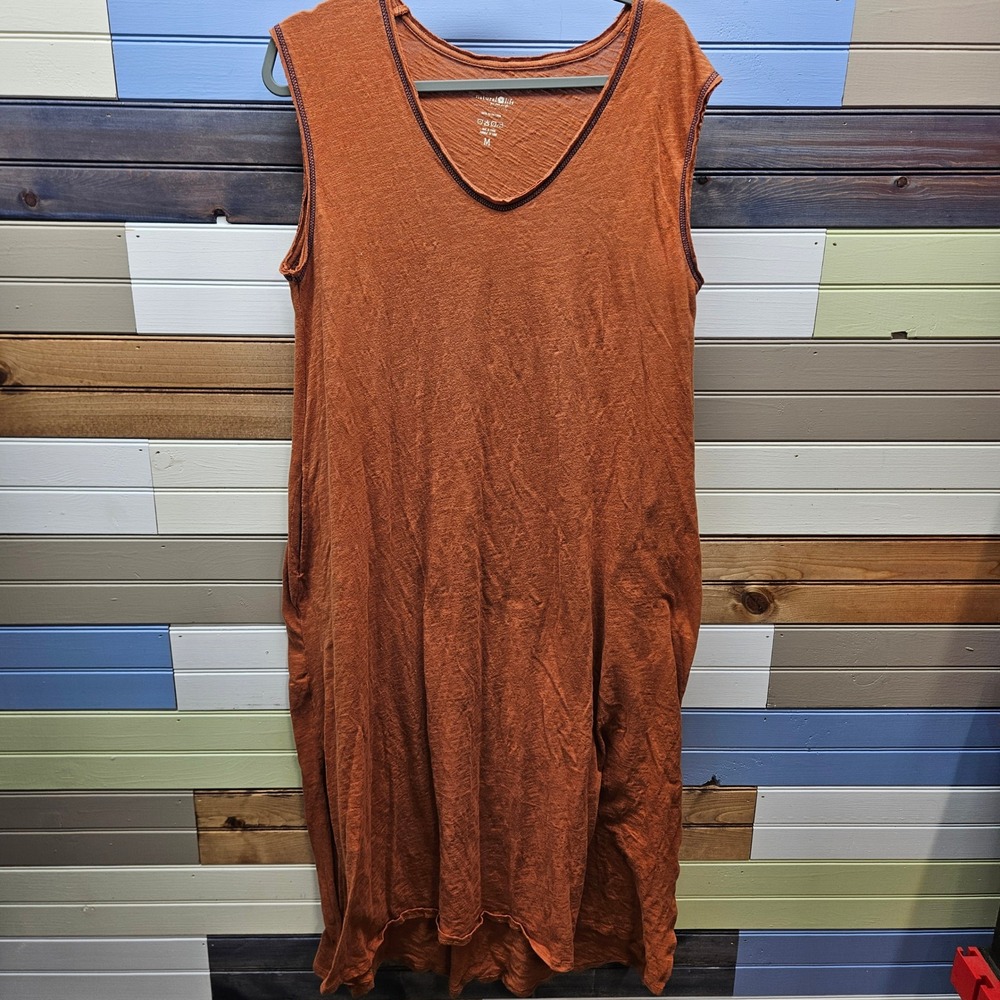 Natural Life Burnt Orange Cotton Slub V-Neck Sleeveless Midi Dress Pockets M
